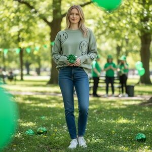 Olive Smiley Face Oversized Crew Neck Sweater S St Patrick's Day